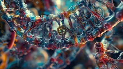 Poster - a colorful, abstract representation of dna with mechanical elements illustrating genetic engineering