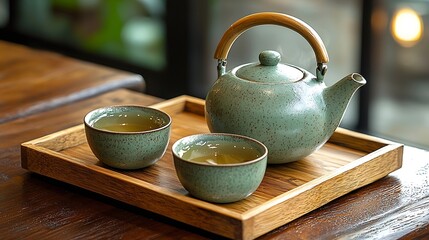 Aufkleber - Green tea in tea pot and bowls cups on wooden tray Close up : Generative AI