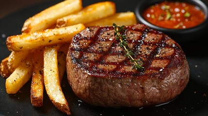 Poster - Beef Steak medium rare with French fries on a black plate Dark background Close up : Generative AI