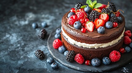 Poster - Chocolate cake with whipped cream and fresh berries Blue background Copy space : Generative AI