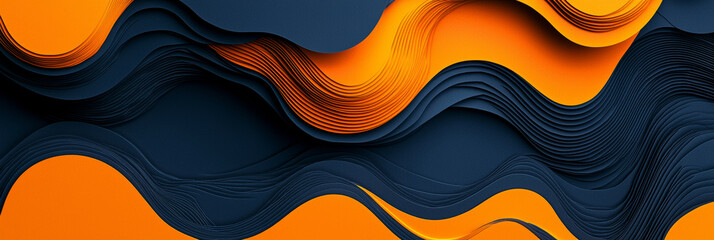 Sticker - Dark blue and orange abstract background with paper cut shapes, generative AI