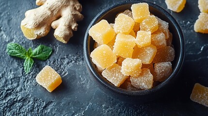 Poster - Candied ginger in black bowl on dark stone background Top view : Generative AI