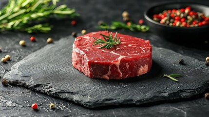 Poster - Raw beef steak Meat piece Copy space Slate cutting board : Generative AI