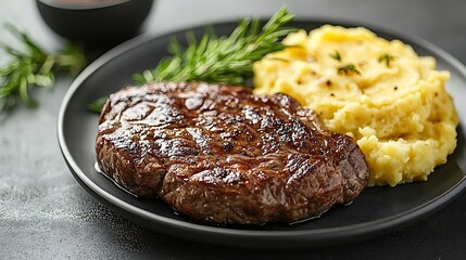 Poster - Beefsteak with mashed potato on a plate Grey background Copy space Top view : Generative AI