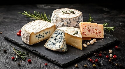 Poster - Cheese assortment blue cheese hard cheese soft cheese on a cutting board Slate black background Copy space : Generative AI