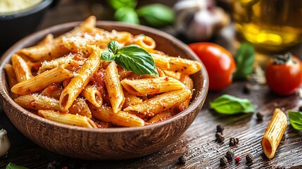 Poster - Pasta penne with roasted tomato sauce mozzarella cheese Top view Wooden background : Generative AI