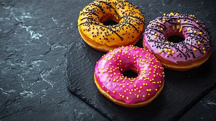 Poster - Donuts with Halloween decoration icing on black slate background Top view : Generative AI
