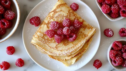 Poster - Crepes thin pancakes with raspberry on white plate Marble background Top view Copy space : Generative AI