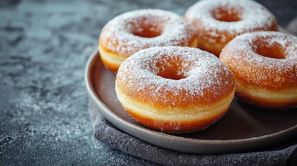 Poster - Donuts with sugar powder on a plate Grey background Close up : Generative AI