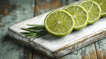 Aufkleber - Fresh limes and rosemary springs on white wooden cutting board : Generative AI