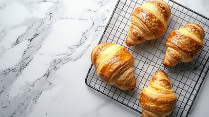 Poster - Croissants on cooling rack Traditional French food Marble background Copy space Top view : Generative AI