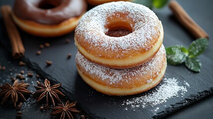 Poster - Donuts with sugar powder on slate board Flat lay composition Dark background Top view : Generative AI