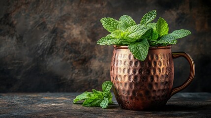 Aufkleber - Moscow mule cocktail in copper mug with fresh mint Grey background Close up : Generative AI