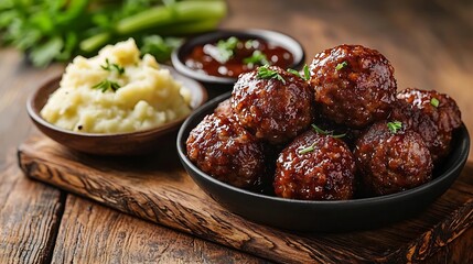 Poster - Meatballs duck meat with apple sauce and mashed celery potato on a wooden background : Generative AI