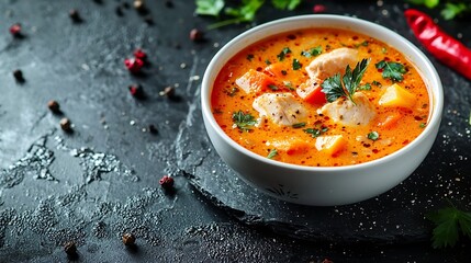 Aufkleber - Chicken soup with vegetables in white bowl Grey stone background Close up : Generative AI
