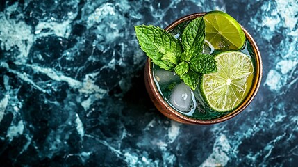 Aufkleber - Moscow mule cocktail in copper mug with fresh mint and lime Dark marble background Close up Top view : Generative AI
