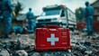 © Old Man Stocker - Emergency First Aid Kit for Rescue Medical Services. Emergency first aid kit positioned in a rescue scene, highlighting the importance of medical services and preparedness in outdoor situations.