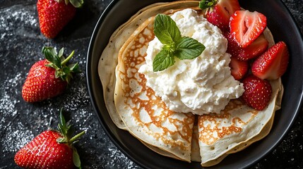 Poster - Crepes thin pancakes with fresh strawberry and ricotta cream cheese Marble background Top view : Generative AI