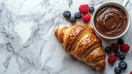 Poster - Croissant with fresh berries chocolate spread and butter with cup of coffee on a marble texture background : Generative AI