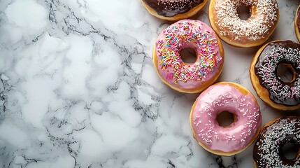 Poster - Assortment of donuts on marble table background Close up Top view : Generative AI