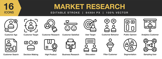 Wall Mural - Market Research icon set. Editable Stroke Icon Collection. Includes analytics, business research, age, behavior, satisfied, and More. Outline icons vector collection.