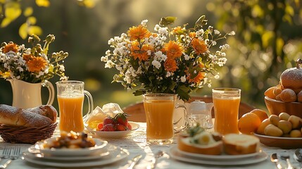 Poster - Breakfast setting table blurred background Dishware and flowers Copy space : Generative AI
