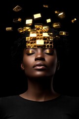 Poster - Golden Honeycomb Headpiece Woman Portrait  Abstract Art  Surreal Beauty  Black Woman  Gold