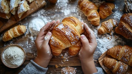 Poster - Croissants baking ingredients with father and kids hands holding fresh croissant Top view : Generative AI