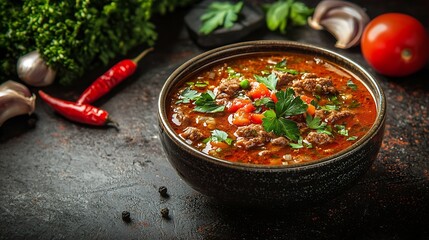 Aufkleber - Goulash beef tomato pepper chili smoked paprika soup Traditional Hungarian dish : Generative AI