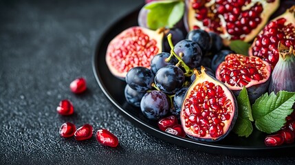 Poster - Fruits assortment pomegranates grapes figs plums on black plate Dark background Close up : Generative AI