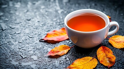 Aufkleber - Romantic autumn cup of tea with autumn leaves on a wet stone background : Generative AI
