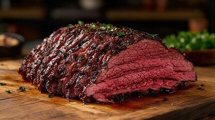 Poster - Roasted beef pastrami on cutting board Wooden background : Generative AI