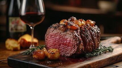 Poster - Roast beef on cutting board with glass of wine Wooden background Close up : Generative AI