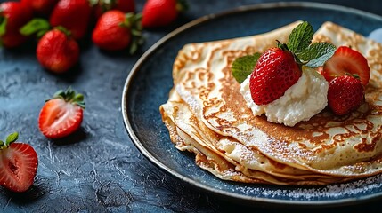 Poster - Crepes thin pancakes with cream cheese ricotta and fresh strawberries on a blue plate Marble background : Generative AI