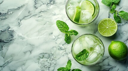 Poster - Matcha iced green tea with lime and fresh mint on a marble background Copy space Top view : Generative AI