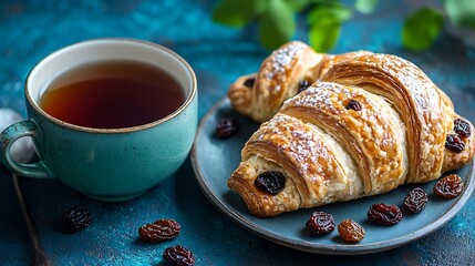 Poster - Fresh danish pastry with raisins and a cup of tea on blue table background : Generative AI