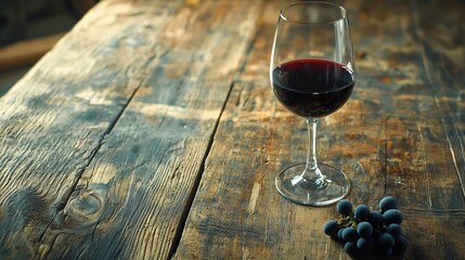 Poster - Glass of red wine and grape Wooden table background Close up Copy space : Generative AI