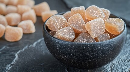Poster - Candied ginger in black bowl on dark stone background Close up Copy space : Generative AI