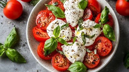 Poster - Caprese salad with tomatoes mozzarella burrata cheese and basil Grey background Close up Top view : Generative AI