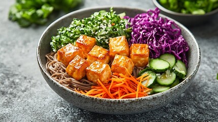 Poster - Soba noodles with vegetables and fried tofu in a bowl Top view Grey background Close up : Generative AI