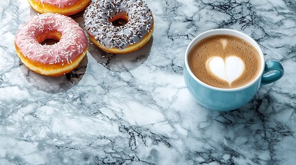Poster - Coffee with donuts on marble table background Copy space Top view : Generative AI