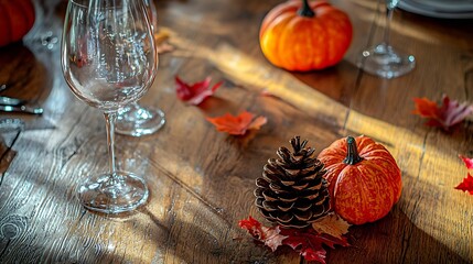 Poster - Autumn table place setting with cone thanksgiving halloween decoration Top view Copy space : Generative AI