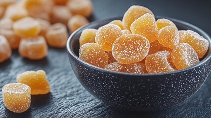 Poster - Candied ginger in black bowl on dark stone background Close up Copy space : Generative AI