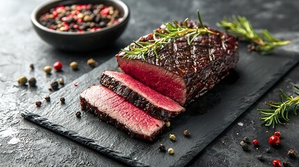 Poster - Roasted beef pastrami on slate cutting board Close up : Generative AI