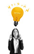 © Who is Danny - Woman crossing fingers with bright lightbulb above on white background