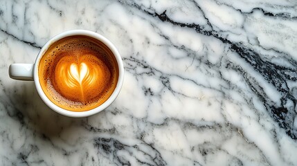 Aufkleber - Coffee espresso in white cup Marble background Copy space Top view : Generative AI