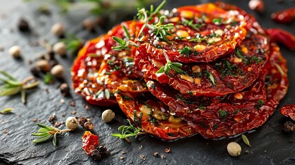 Poster - Sun dried tomatoes with fresh herbs and spices Slate background Close up : Generative AI