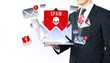 © Who is Danny - Businessman holding laptop with spam email alerts, white background