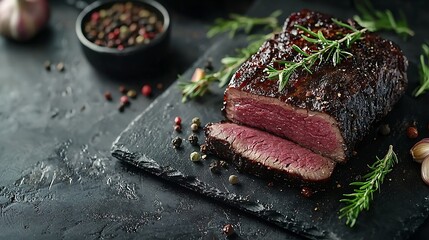 Poster - Roasted beef pastrami on slate cutting board Copy space : Generative AI