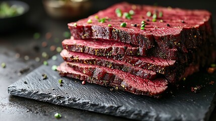 Poster - Roasted beef pastrami on slate cutting board Grey background Copy space : Generative AI